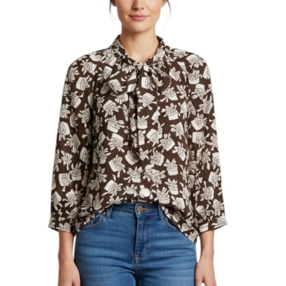 BURU X VAL BIG BOW BLOUSE Wrapper's Delight Print BROWN/WHITE Unique Buttons XS